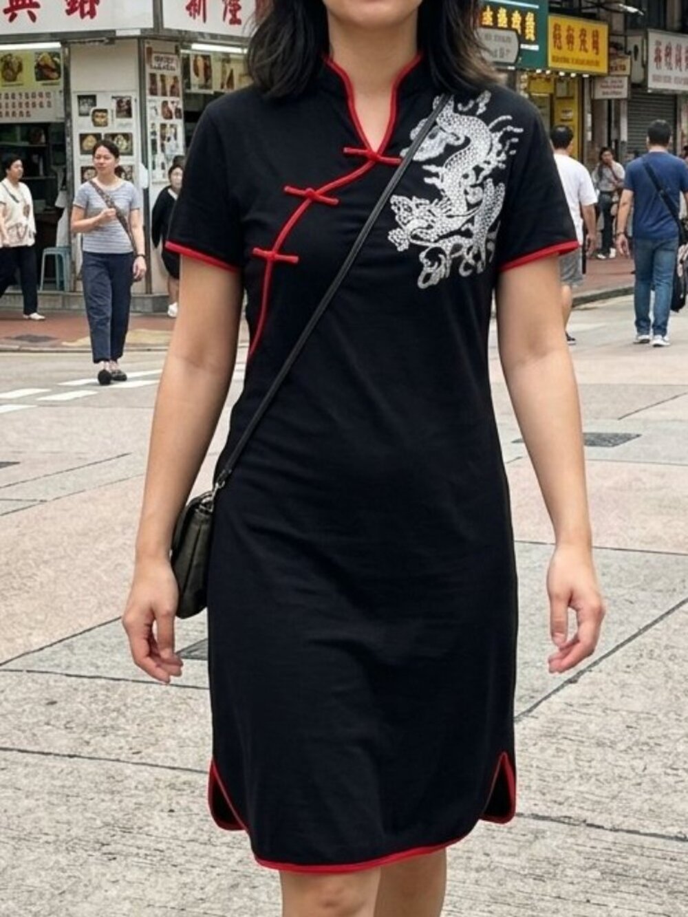 Black short-sleeve Chinese-style shirt dress - size XL